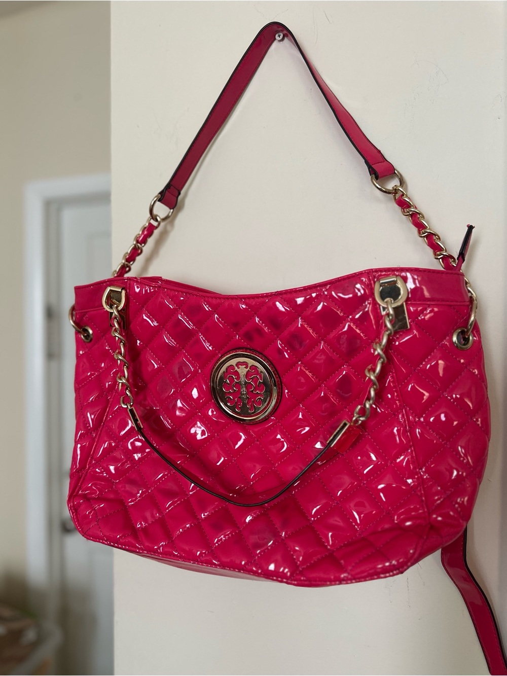 Quilted Patent Shoulder Bag - Hot Pink